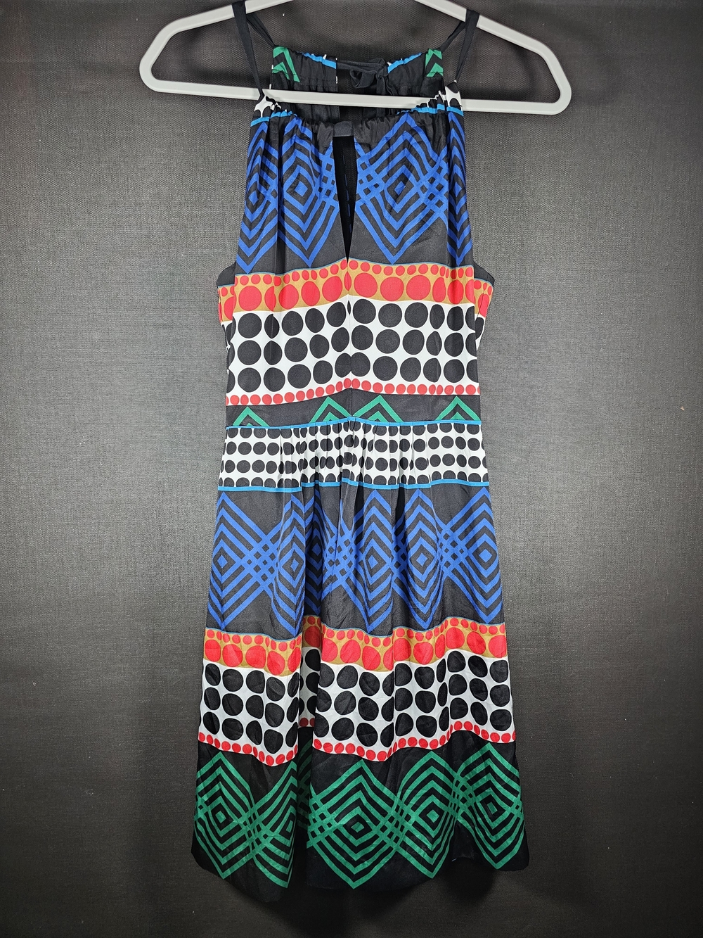 Trina Turk Blue, Green, Black & Red Geometric Halter Dress